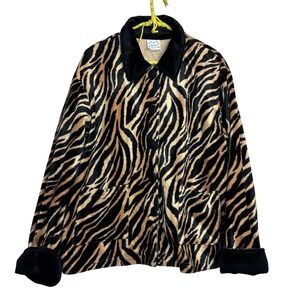 Vintage 80s Donna Zebra Tiger Jacket Womens Medium Tan Black Velvet Funky USA
